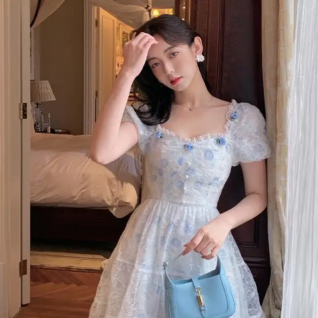 Korean Sweet Dress Women France Vintage Elegant Party Mini Dresses Female Print Casual Beach Boho Fairy Dress Summer Floral Lace