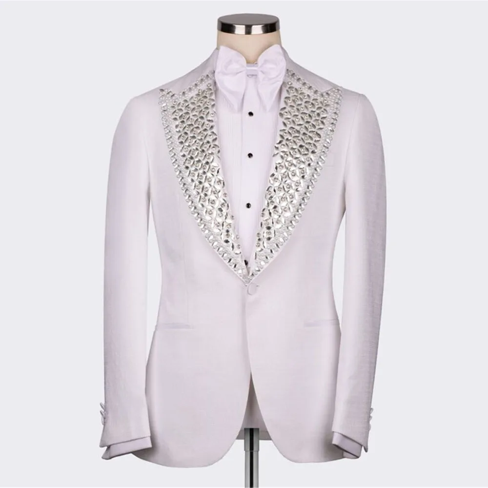 

White Wedding Suits Crystals Beading Jacket Pants 2 Pieces Groom Formal Tuxedos Bespoke Male Fashion Evening Dinner Party Blazer