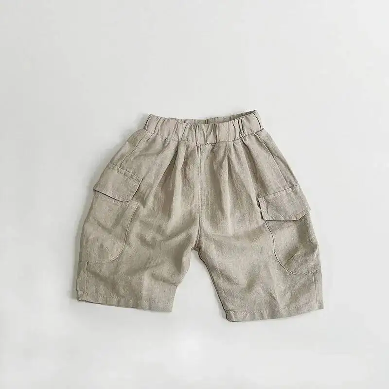 Frühling Sommer Kinder Shorts 1-8Y Jungen Leinen Baumwolle Taschen Feste Kurze Hosen Hosen Koreanische Kleinkind Tragen Für Kinder Kleidung Neue – Detail 9