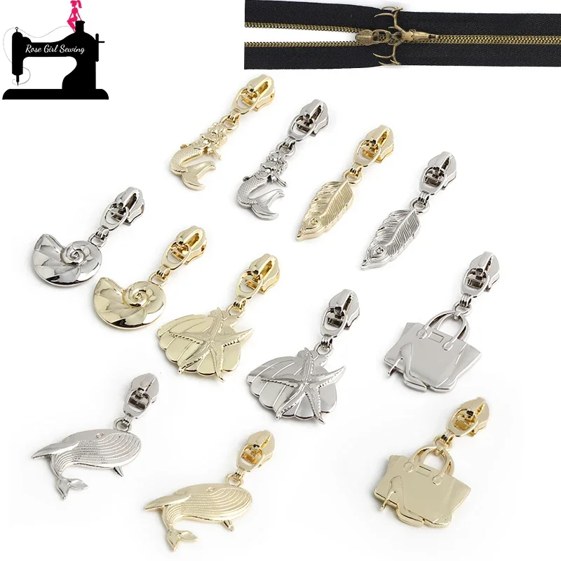 

10/50/200PCS Two Sides 5# Nylon Mermaid,Conch Shape Metal Zipper Sliders For Clothing Bags Purse Zip Head DIY Sewing Accessories