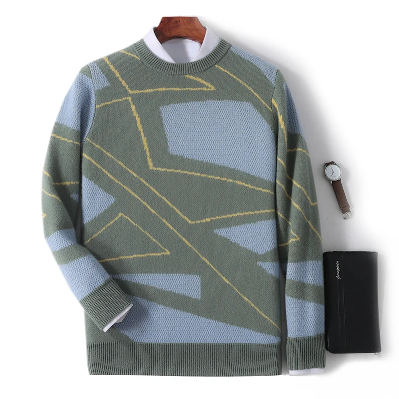 Autumn Winter 100% Merino Wool Thick Warm Men's Round Neck Sweater Knitted Pullover Contrasting Clothing Long Sleeves coat