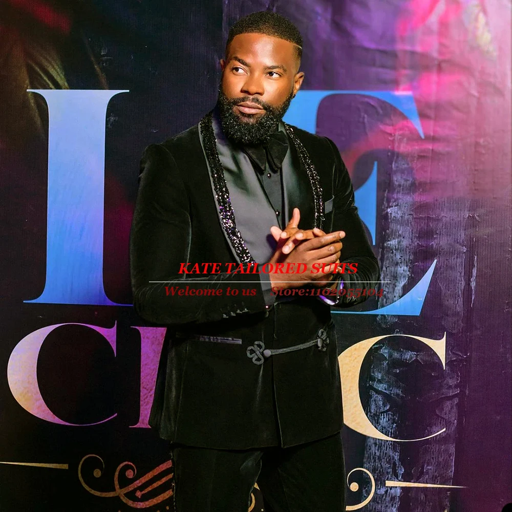 

Мужские бархатные костюмы для свадьбы, 2 предмета, двубортный пиджак и брюки для жениха, мужской смокинг для выпускного, элегантное платье с бусинами и отворотом