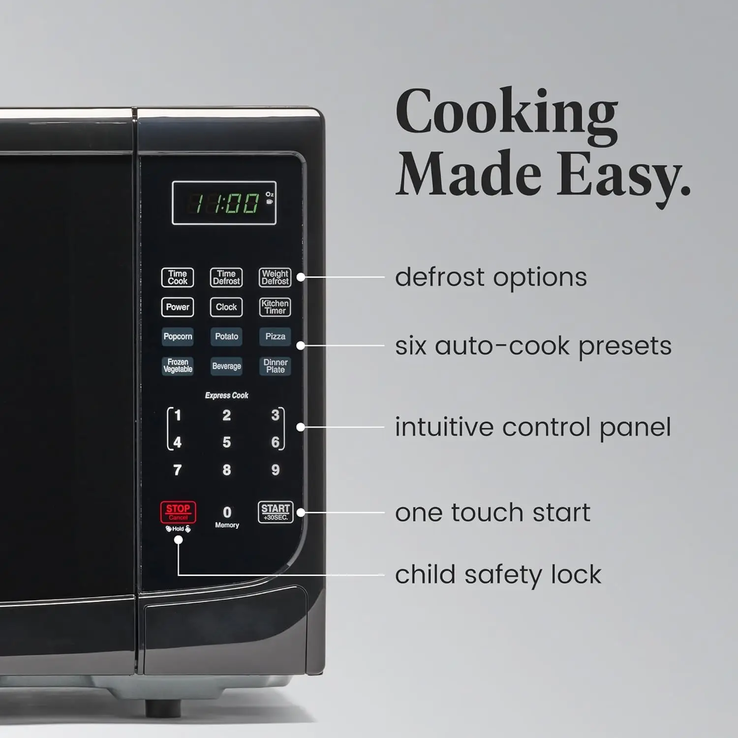 NEW Compact Countertop Microwave Oven 1.1 Cu. Ft. 1100-Watt with LED Lighting, Child Lock, Easy Clean Grey Interior, Black 3