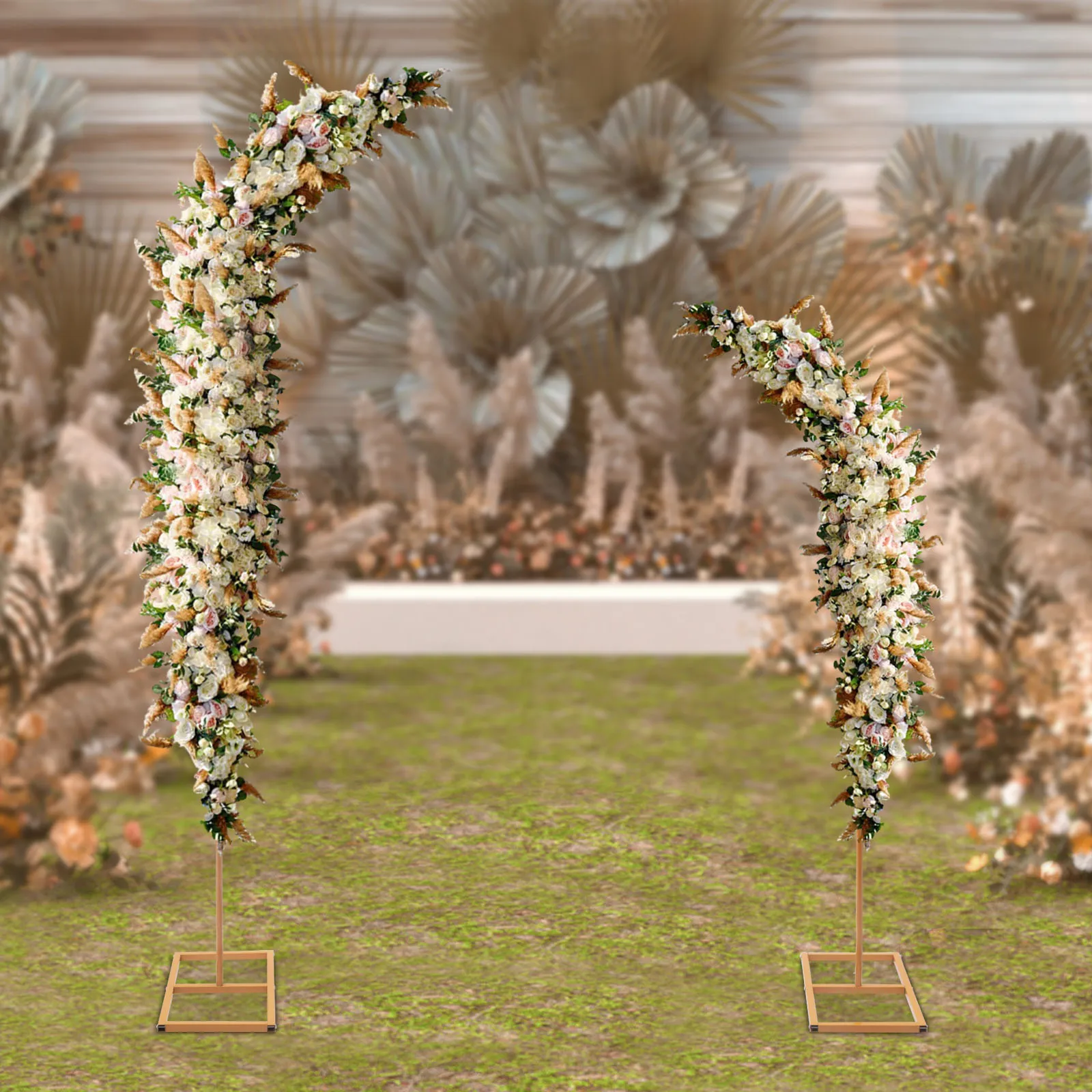 2 Pieces Gold Wedding Arch Balloon Flower Backdrop Stands Road Guide Wedding Stand Curved Top Frames 6ft, 8ft