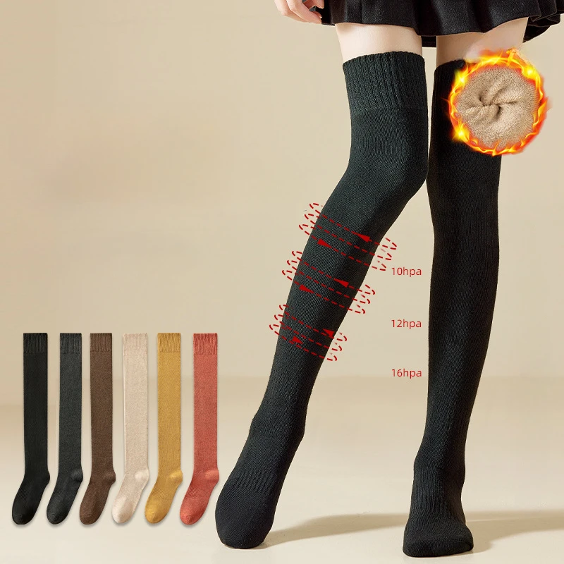 Chaussettes longues au-dessus du genou pour femmes, chaussettes chaudes, tube optique, bonneterie, éponge, solide, document, épais, mollet, hiver