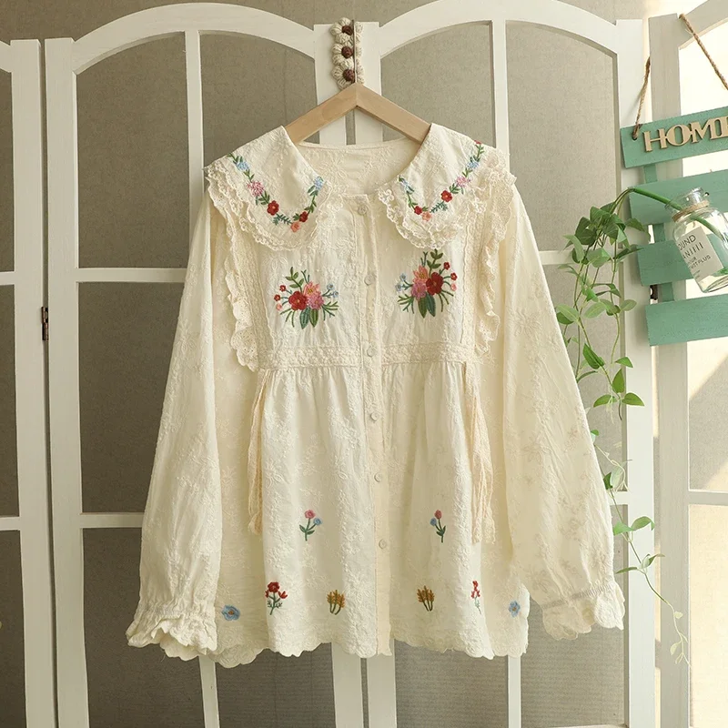 

Mori Girl Sweet Flower Embroidery Cotton Shirt for Women, Japan Style, Kawaii,Long Sleeve, Peter Pan Collar, Casual Loose Blouse