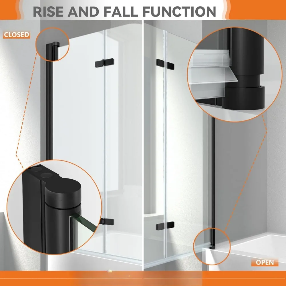 35" W x 55" H Bathtub Shower Door. 1/4" Easy Clean Tempered Glass Frameless Tub Door. 180° Rotatable Bi-Folding Shower Doors 5