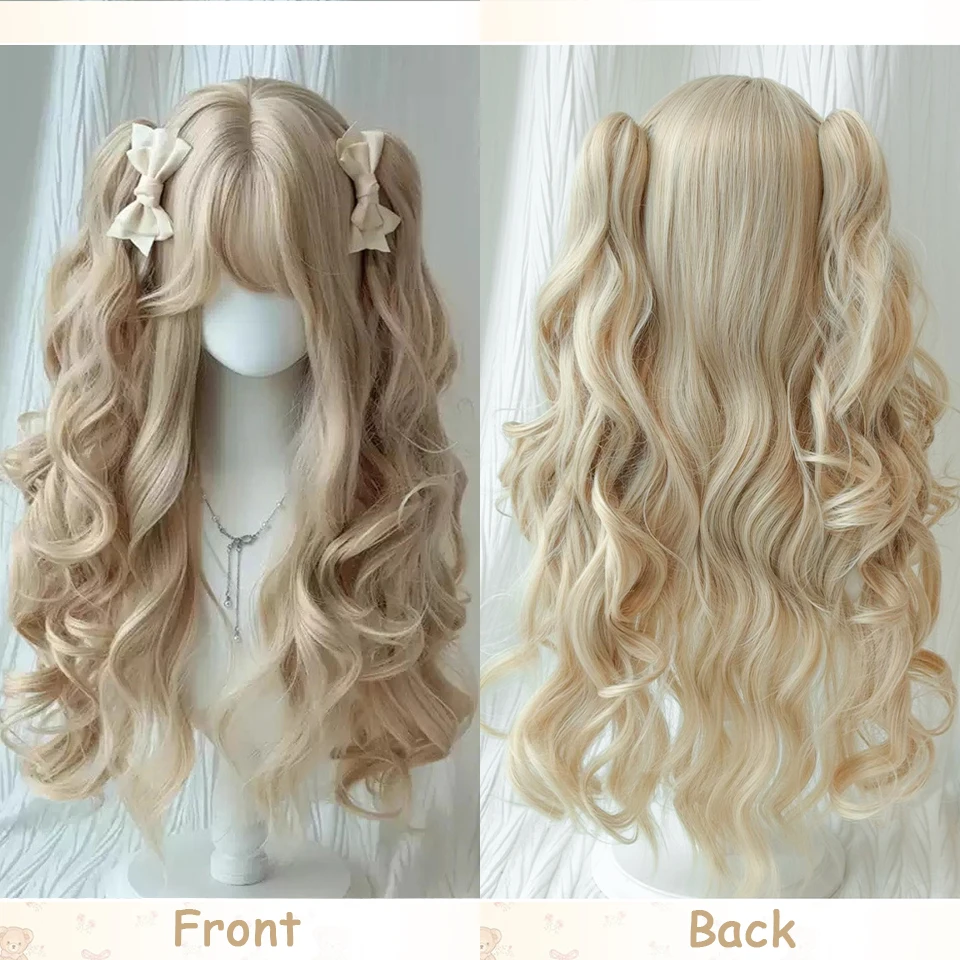 Long Wave Cosplay Wig with Double Ponytail For Women Daily Party Lolita Synthetic Wigs Gold Heat Resistant Hair