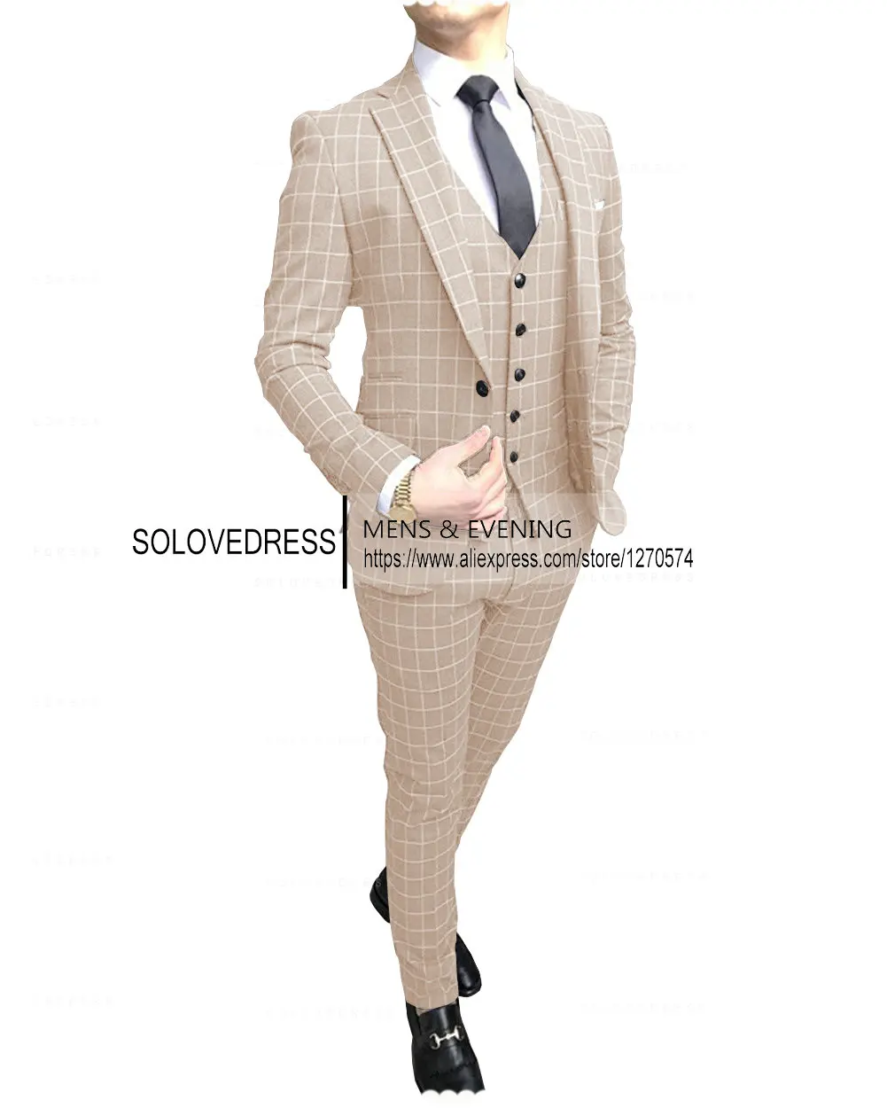 2023 Men’s Suits 3 Piece Regular Fit Vest Men Suit Formal Peak Lapel Plaid Wedding Groomsmen Coat+Pant+Vest