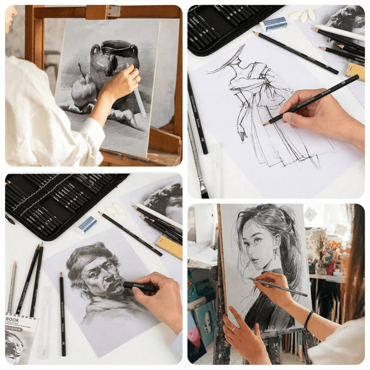 42/44/46/58/60/68개 드로잉 키트 스케치 연필, 3색 스케치북, 흑연, 목탄, 드로잉 연필 포함 미술 용품
