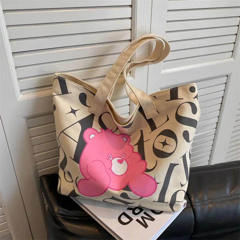 Rainbow Bear CareBear Canvas Woman Tote Bag Bear Alphabet Cartoon Cute Print Large Capacity Shopping Bag Hand Bill Shoulder Bag
