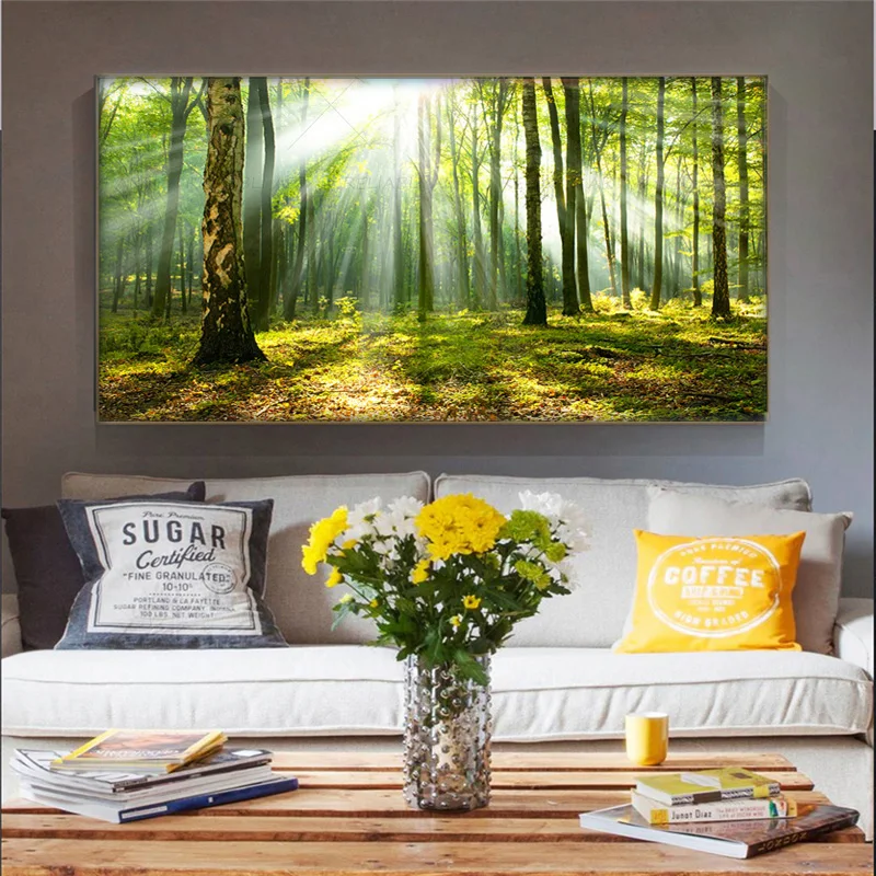 ネイチャーサンシャインキャンバス絵画、緑の木のポスター、森の風景、家の装飾のためのアート写真、スカンジナビアのプリント