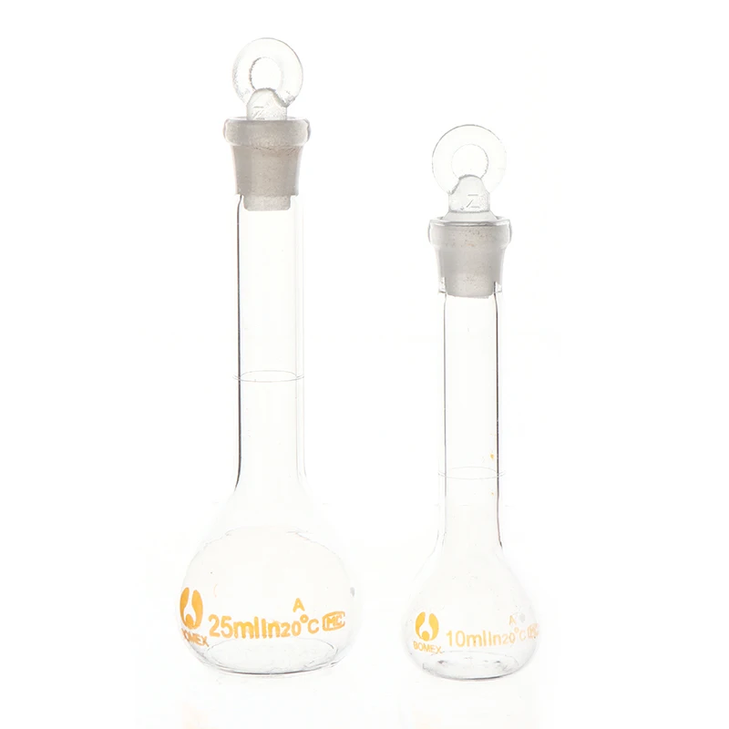 스토퍼 포함 투명 유리 체적 플라스크, 스토퍼 포함, 화학 실험실 유리 플라스크 공급, 10 ml, 25ml, 1PC