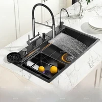 Stainless Steel Kitchen Sink with Waterfall Embossed Large Single Bowl Undermount Basin multifunction Dishwasing Sinks 1