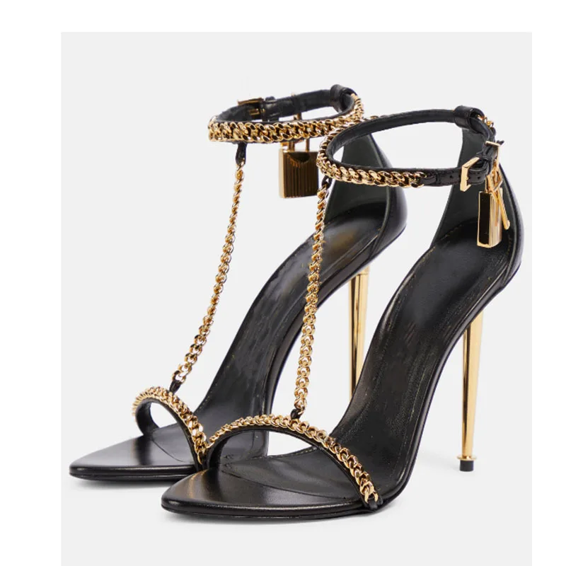 PADLOCK HIGH HEEL 10 CM SANDAL IN LIGHT GOLD SHEEPSKIN