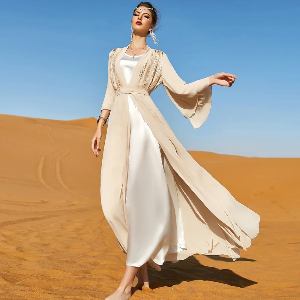2025 New Chiffon Open Abayas for Women Dubai Turkey Kaftan Diamonds Belted Jalabiya Muslim Dress Islamic Clothing Arabic Robe 3