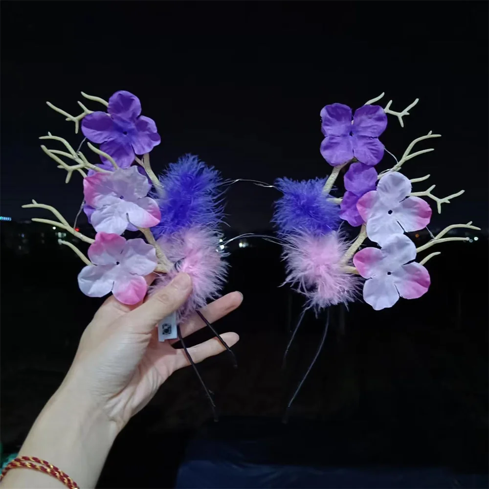 New Led Glowing Antlers Headband Plum Blossom Feather Elk Hair Accessories Christmas Decoration Party Dress Up Headdress