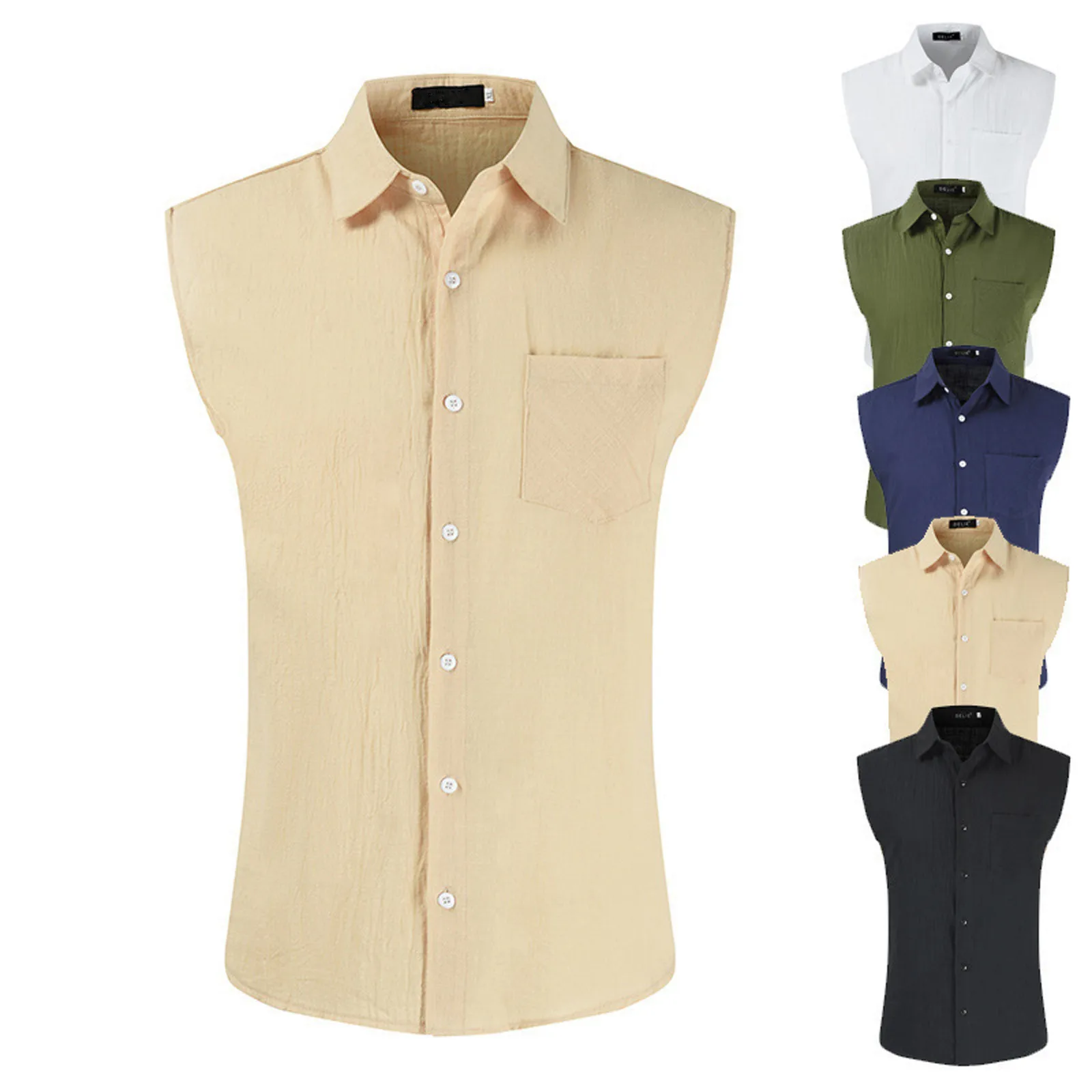 

Мужская летняя рубашка, Повседневная модная хлопковая льняная рубашка без рукавов с лацканами и нагрудными карманами, удобная универсальная майка на каждый день