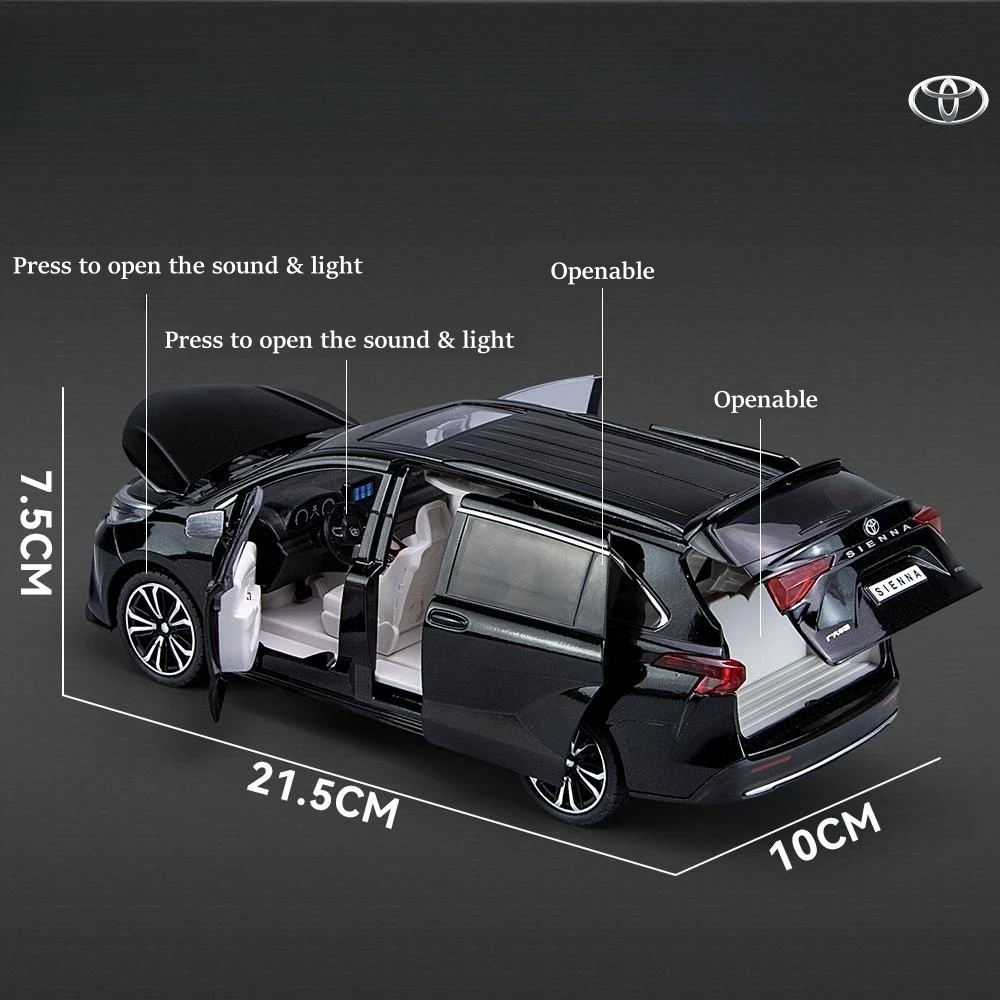 1/24 TOYOTA SIENNA MPV Van Diecast Toy Car Model Miniature Pull Back Sound & Light Doors Openable Collection Gift For Boy Kid 3