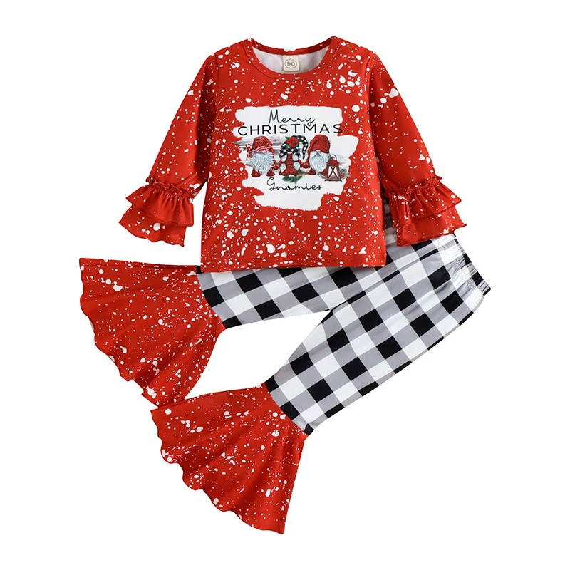 

Toddler Girl Christmas Clothes Set, Cartoon Print Long Sleeve Crew Neck Tops + Elastic Waist Plaid Patchwork Flare Pants