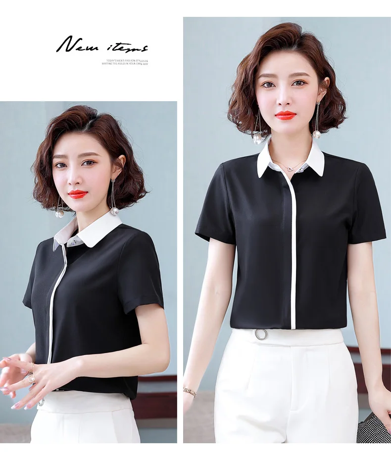 Summer New Women'S Short Sleeved Patchwork Temperament Chiffon Shirt Korean Fashionable Versatile Lapel Professional Top Female
