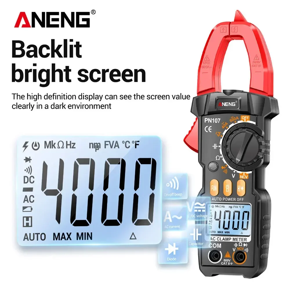 Digital Multimeter ANENG PN107 Clamp Meter Multimeter Digital AC Current Meter 600V AC Voltage True RMS 4000 Count Electrical Capacitance Ohm Test