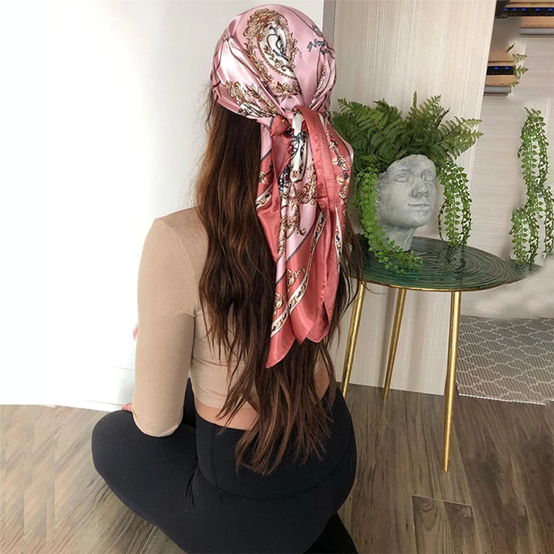 Silk Scarves 90*90cm Square Women Hijab Shawls Fashion Print Kerchief Femme Head Scarf Foulard Bandana Beach Pareo