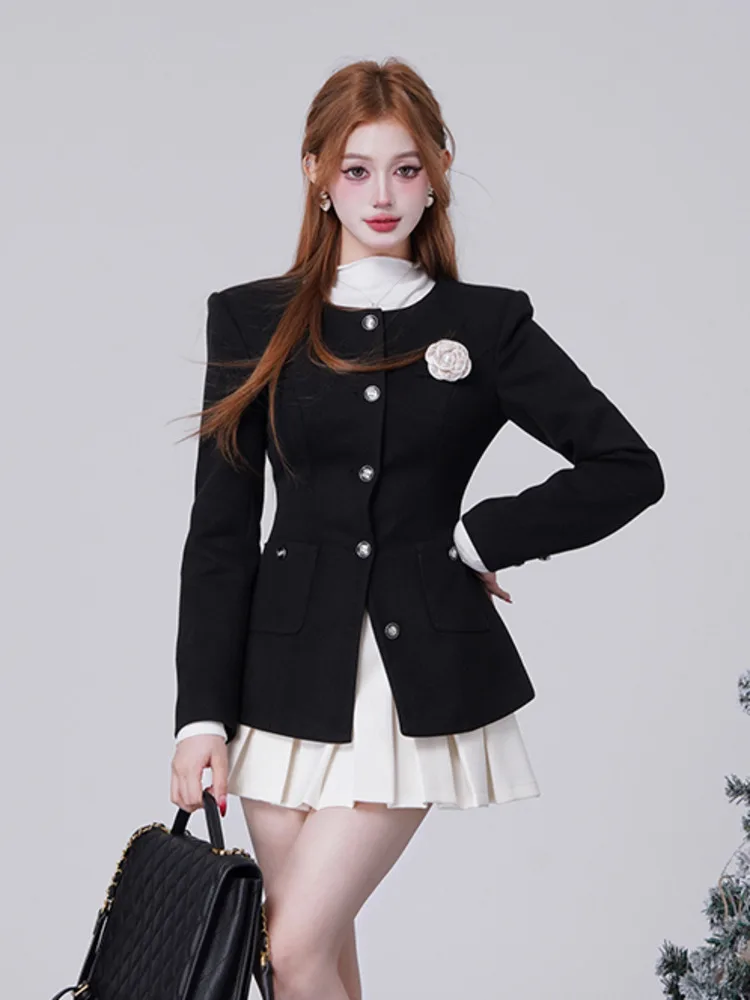 

2024 Spring Fashion Small Fragrance Two Piece Set Women Camellia Jackets Coat + Pleated Skirts Sets Korean Sweet 2 Piece Suits