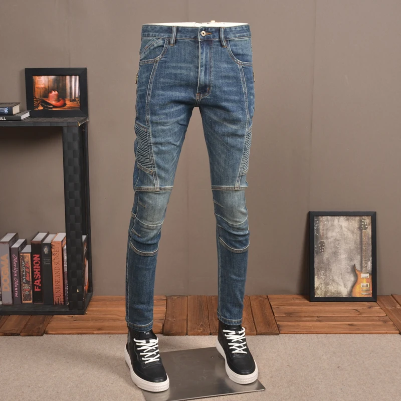 Autumn Blue Slim Fit Straight Jeans Men Korean Style Fashion Zipper Patchwork Denim Pants