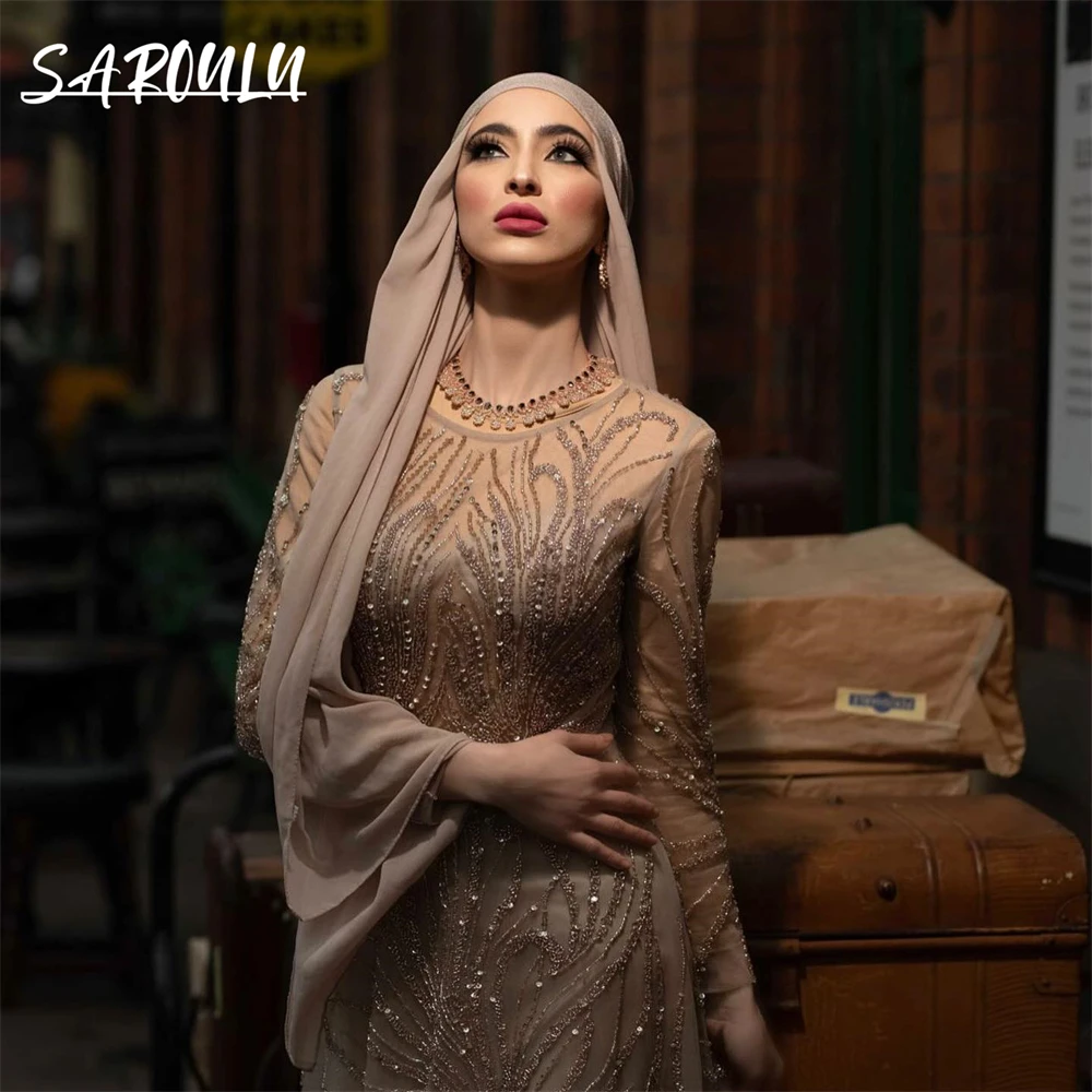 

Muslim Sheath Beads Prom Dress فساتين السهرة Long Sleeves Vestidos De Gala Luxury Formal Occasion Dresses Cocktail Dresses