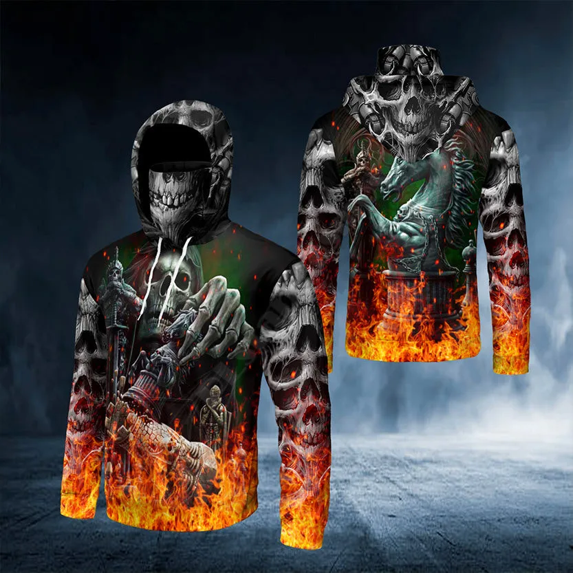 Checkered Pattern Flame Skeleton Skull 3D All Over Printed Bandana Hoodie US Size Women For Men Casual Pullover Hoodie Mask Warm
