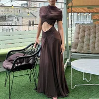 New Ruched Irregular Mesh Dress Women Patchwork High Neck Short Sleeve Hollow Out Long Dresses Female Party Maxi Dresses Outfits - Image 2