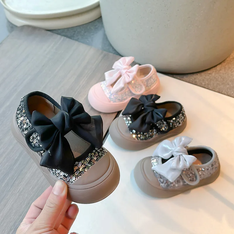 Children's Board Shoes 2024 Spring Autumn New Girls Non-slip Bow Toddler Flats Sequined Princess Loafer Soft-soled 2