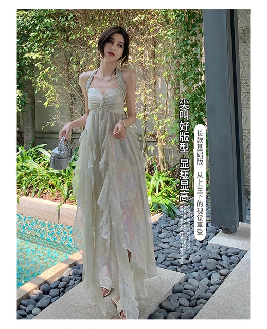Vestido De Fiesta QIANKUN Para Mujer - Cuello Halter, Sin Mangas, Espalda Descubierta, Lazo, Tejido De Poliéster