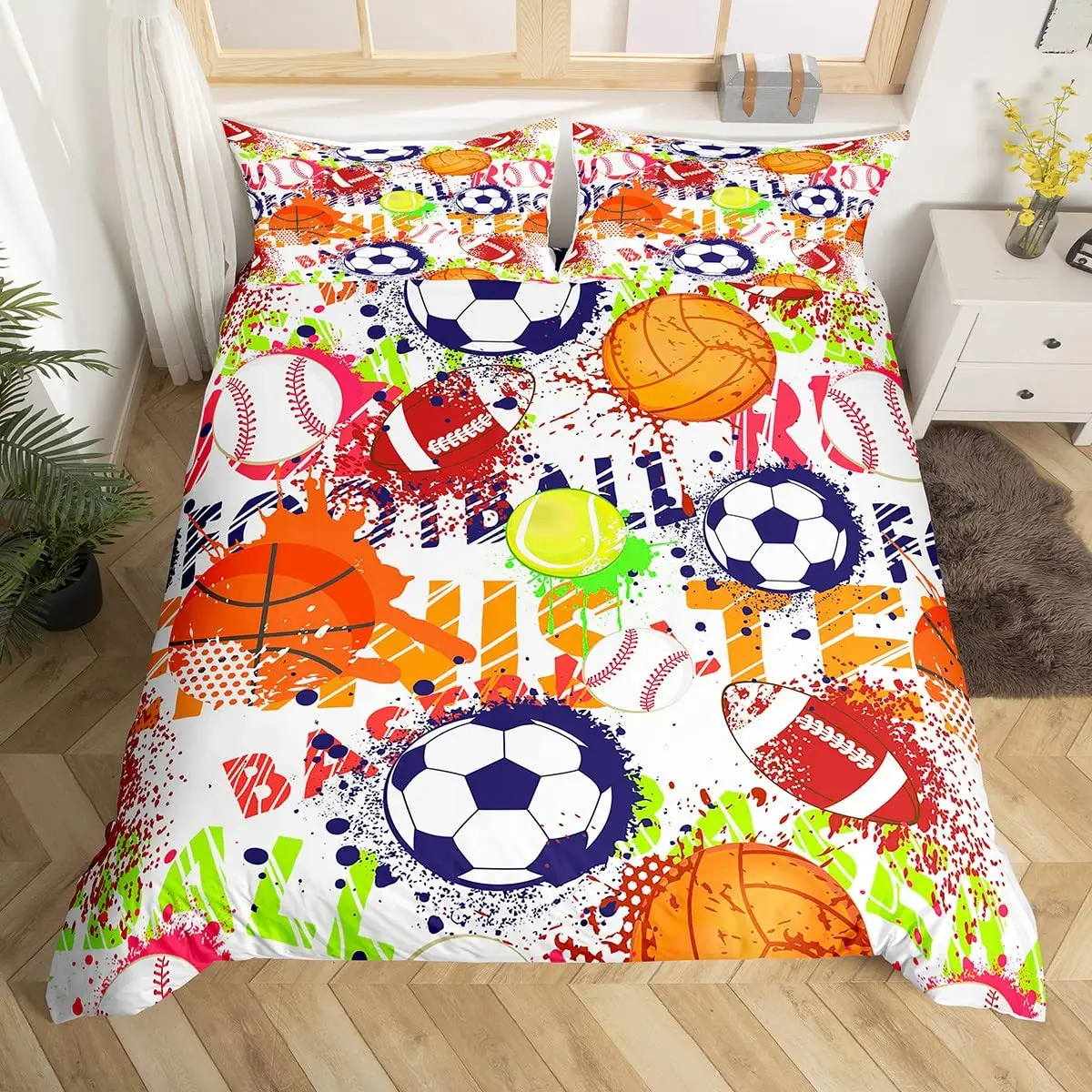Blue Flame Soccer Duvet Cover Set Children Boys 3D Printed Football Quilt Cover Sets with 2 Pillowcases with Zipper Queen Size 4