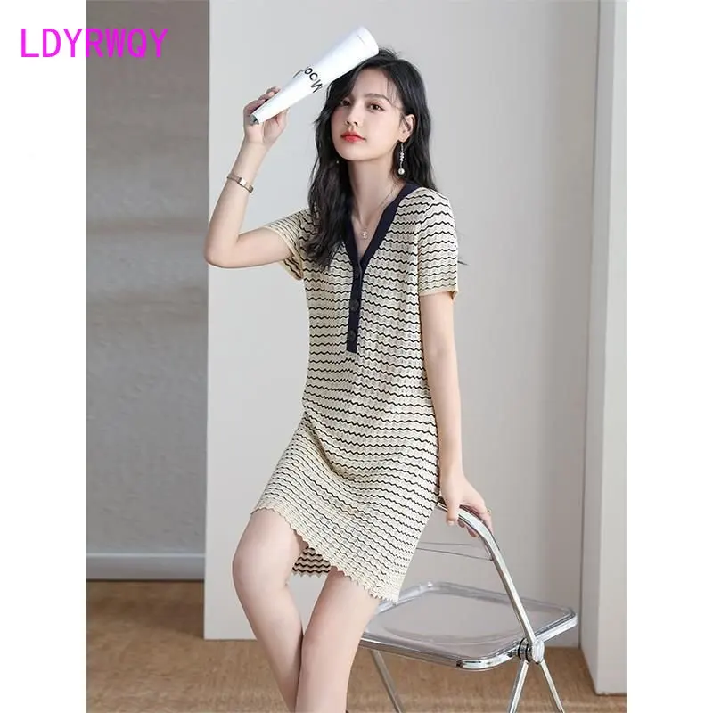 Knitted dress ice silk women's summer new V-neck design sense temperament stripes