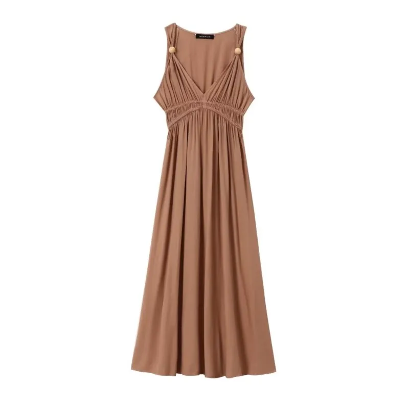 

Ball embellished V-neck long dress Summer Waist tied hem pleated style Slim Sexy Sleeveless High Street style Ankle-Length Dress