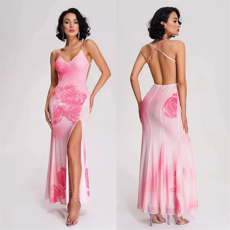 

European And American Style Casual Printed Backless Strap Slim-Fit Fishtail Dress Pink Sexy Split Skirt Party Women's Clothing