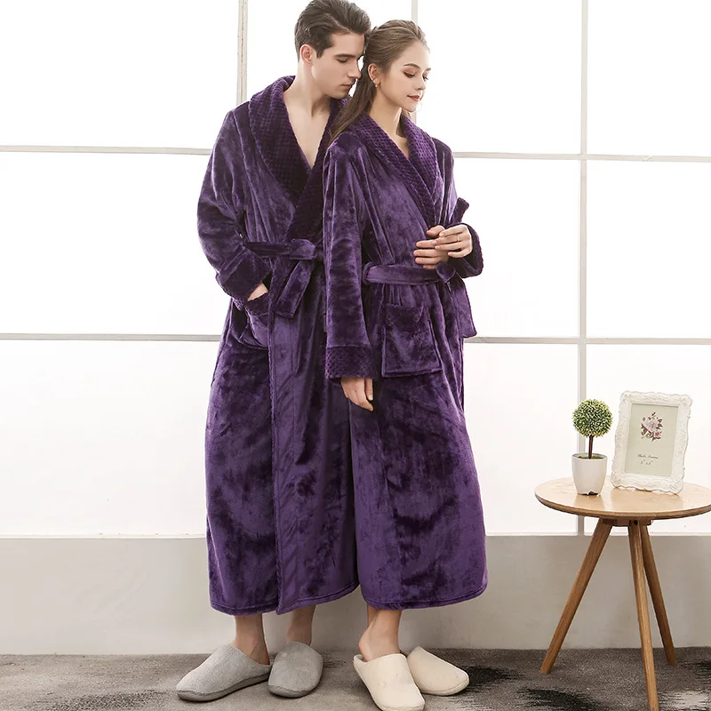 Women Extra Long Thermal Jacquard Flannel Bathrobe Winter Warm Plus Size Zipper Bath Robe Pregnant Dressing Gown Men Sleepwear