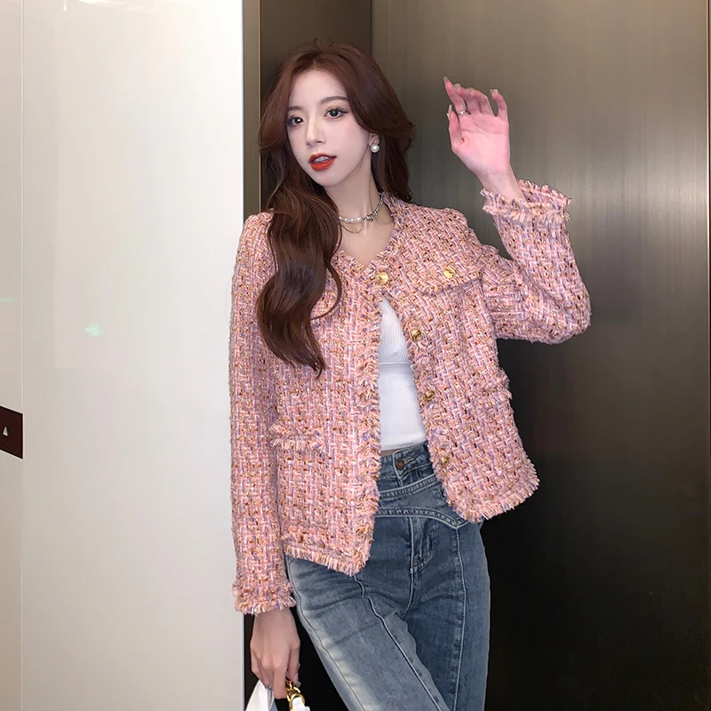New Autumn Winter Vintage Pink Tweed Weave Jacket Coat Women