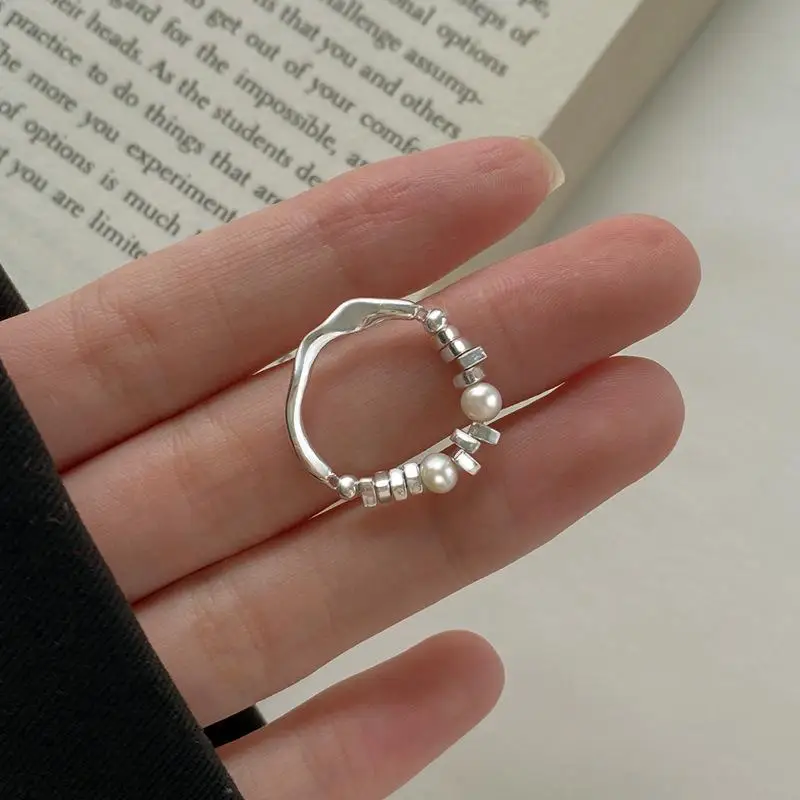 Silver Asymmetrical Beads Pearl Elastic Cord Rings For Women Girl Luxury Korean Fashion Jewelry Gift Party
