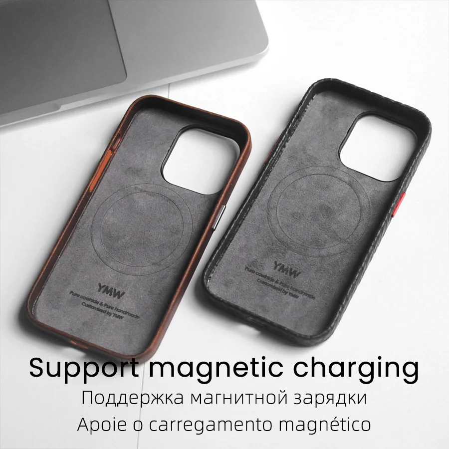 YMW Magnetic Rough Genuine Leather Case for iPhone 14 Pro Max Wild Business Natural Cowhide Phone Cases Back Cover
