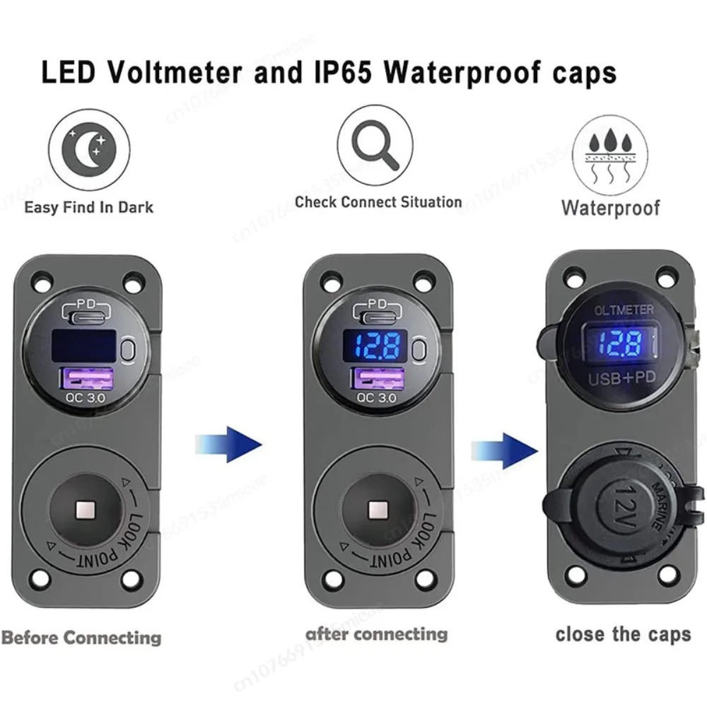 Pannello Auto Nautico 3 Fori Con Presa Accendisigari 12/24V, Doppia USB E Voltmetro Digitale - Keenso Con Coperchio Impermeabile