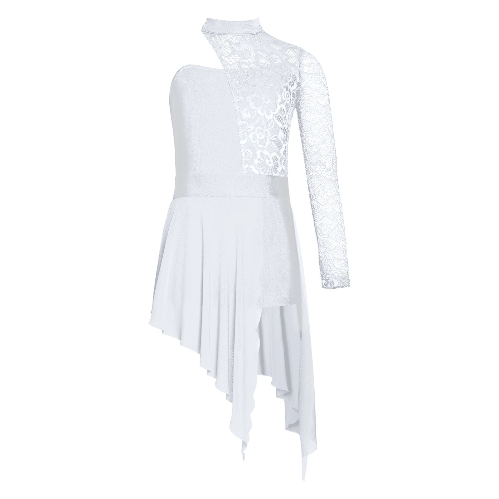 Girls' One Shoulder Lace Dance Dress with Asymmetric Split