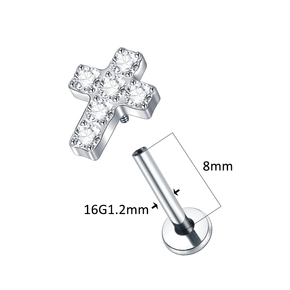 1/5pcs Implant Grade Titanium Labret Piercing Internally Threaded Flat Back Stud Earring with CZ Paved Cross Top Body Jewelry 2