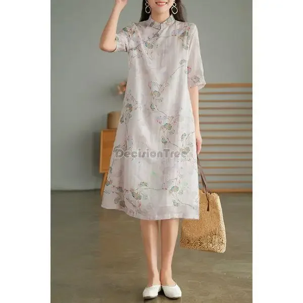 

2024 chinese style traditional women elegant cotton linen cheongsam dress short sleeve floral hanfu a line improved qipao dress