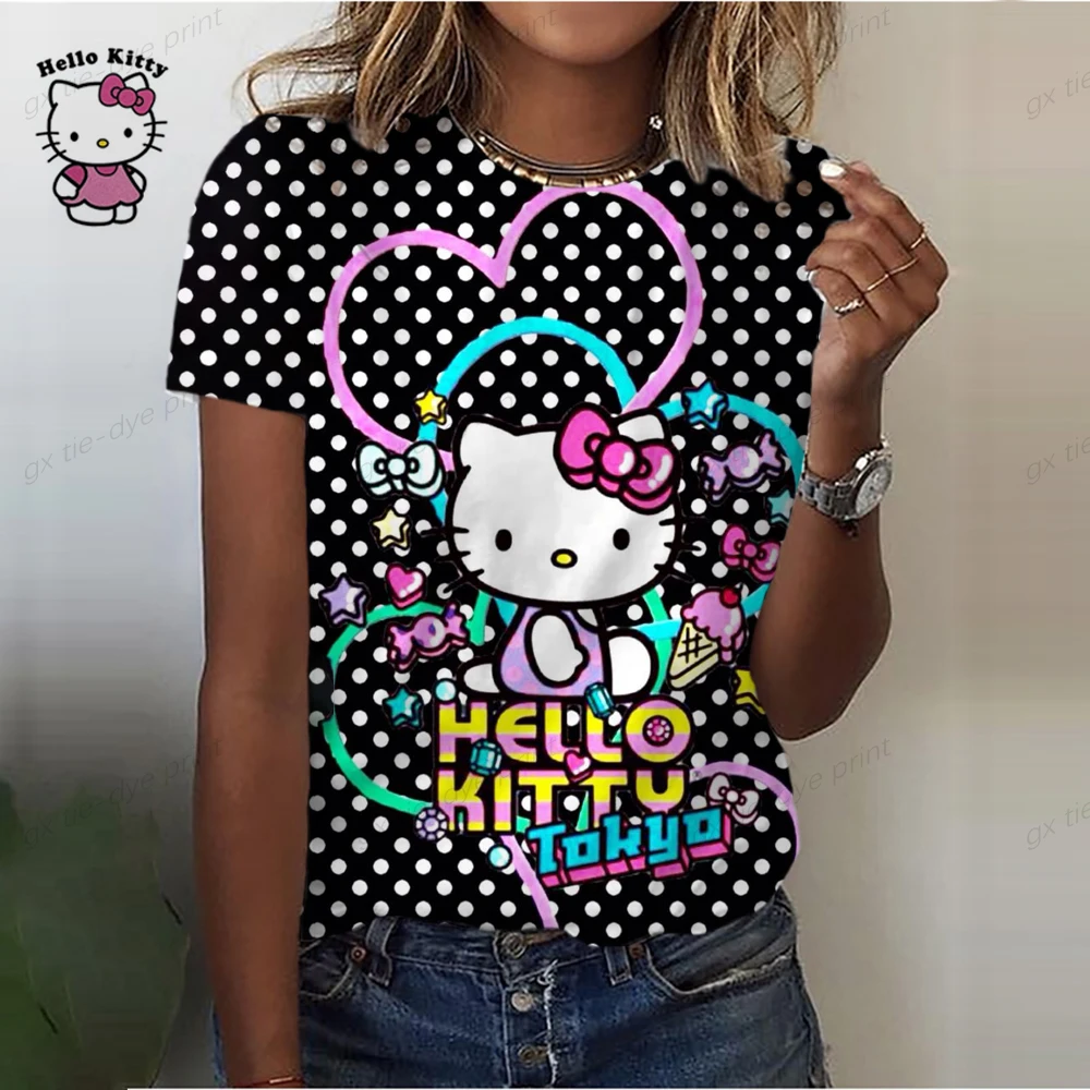 

3D Hello Kitty Women T Shirts Summer 2023 New Casual Streetwear O-Neck Short Sleeve Loose Tops 5XL Size Female Oversized Tee Top