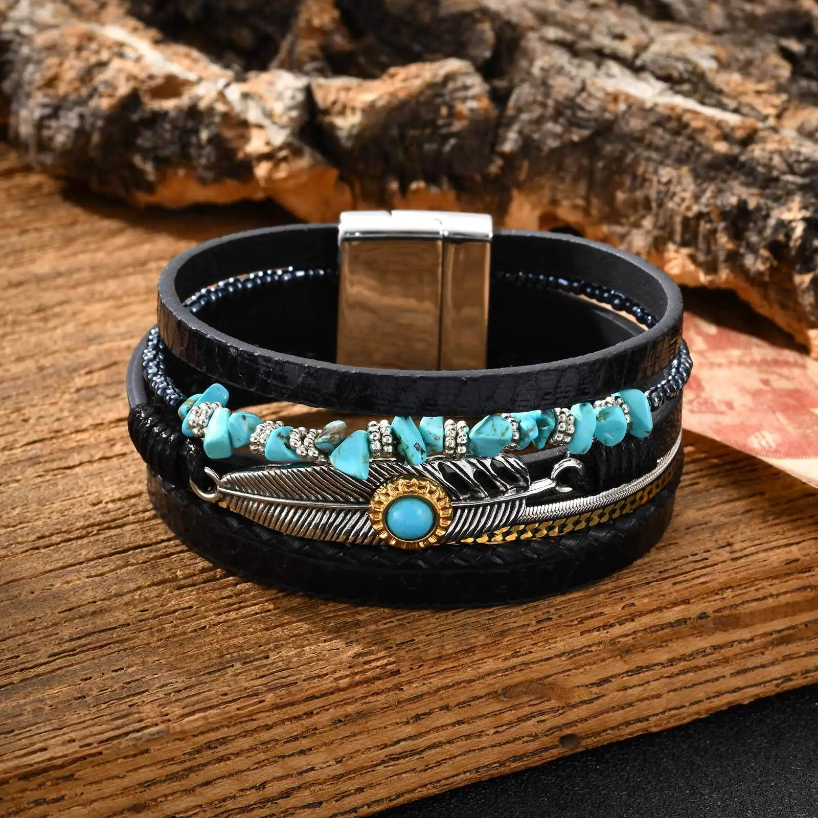 Ethnic Chunky Leather Bracelet for Men,Feather Charm Natural Turquoise 5 Lrayers Leather Bracelet,Father's Dad Gift