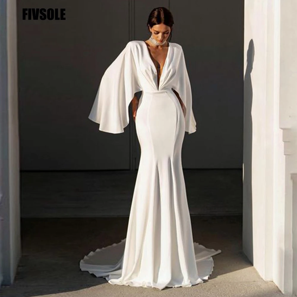 

Fivsole V Neck Boho Long Sleeves Satin Bohemian Mermaid Wedding Dresses Pearls Buttons Sweep Train Bride Gowns Robe De Mariée