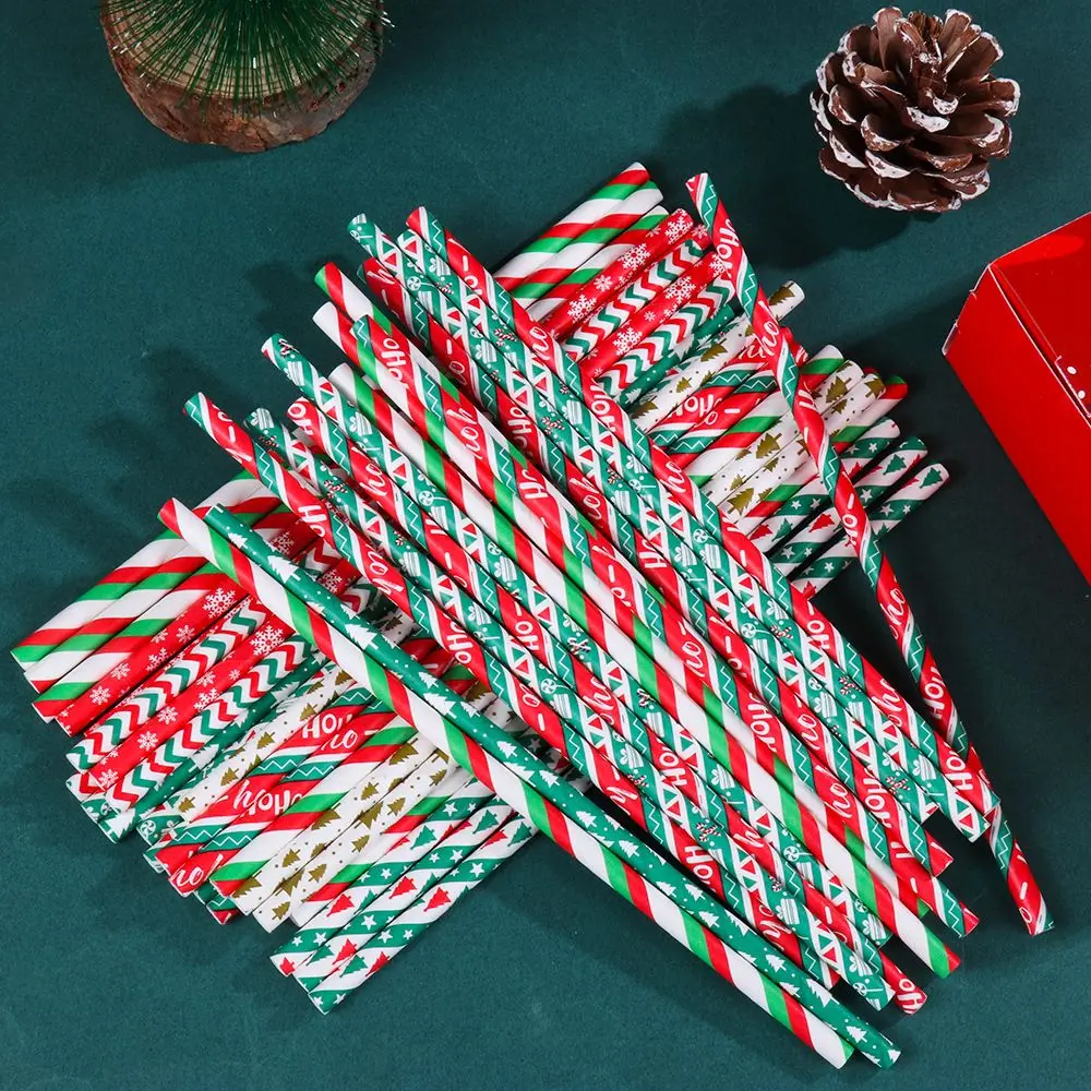 25Pcs New Table Decor Party Supplies Christmas Decorations Snowflake Drinking Straw Christmas Paper Straws Disposable